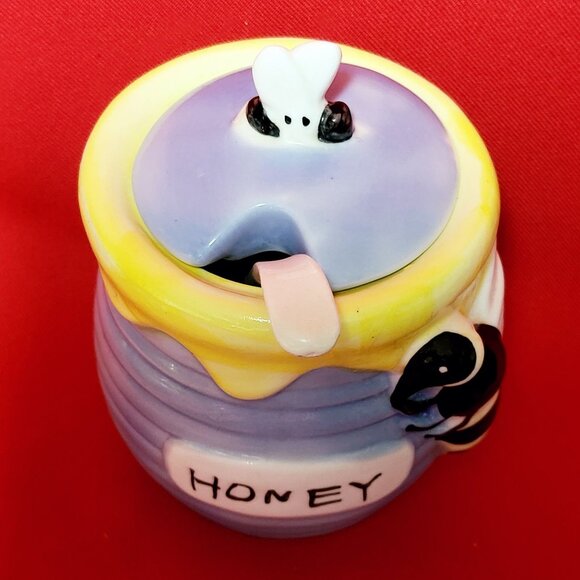 Honey Bee Honey Jar Porcelain Serving Spoon Blue Yellow Painted Ceramic - Picture 4 of 13
